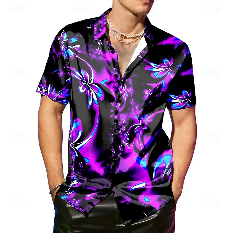 Men's Floral Print Neon Flowers Satin Shirt Dress Shirt Button Up Shirt Short Sleeve Fashion Casual Vacation Party Evening Wear Daily Summer Spring Turndown Collared Shirts Button Up 3D Print Purple3