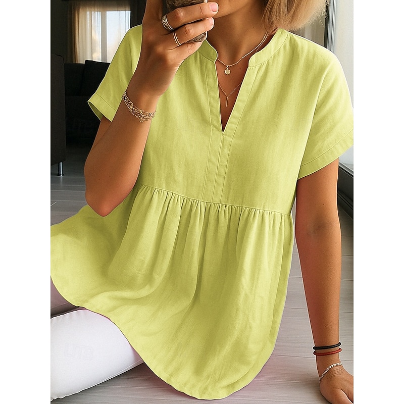 Women's Blouse Plain Basic Short Sleeve Cap Sleeve V Neck Regular Tops Work Daily Ruched White Yellow Pink Blue Summer Spring Fall2