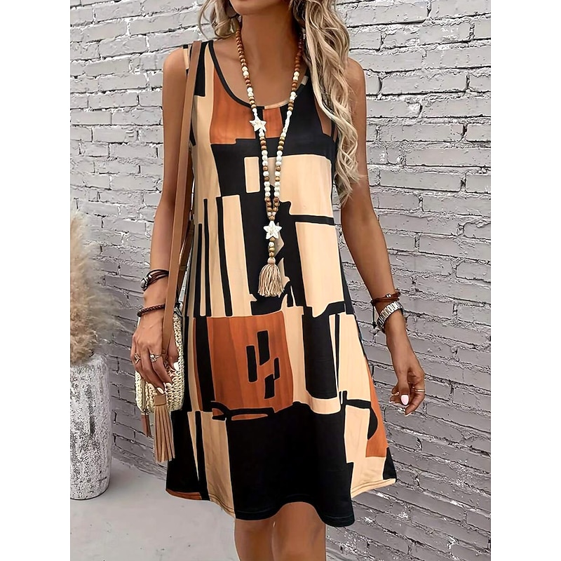 Women's Mini Dress Sundress A Line Dress Summer Dress Vacation Casual Regular Fit Graphic Geometric Color Block Sleeveless U Neck Light Brown Blue Summer Spring
