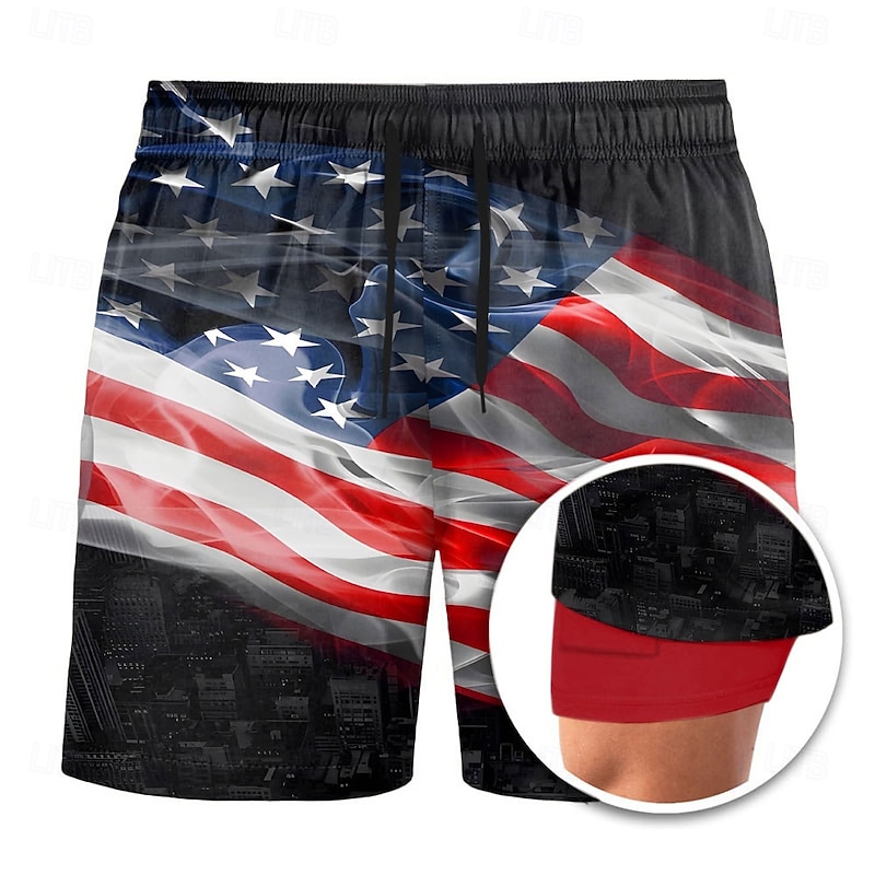 Independence Day Men's American Flag Patriotic Lined Shorts 2 in 1 Board Shorts Swim Trunks Mid Waist Hawaiian Holiday Side Pockets With Compression Liner Elastic Drawstring Waist Designer Clothing