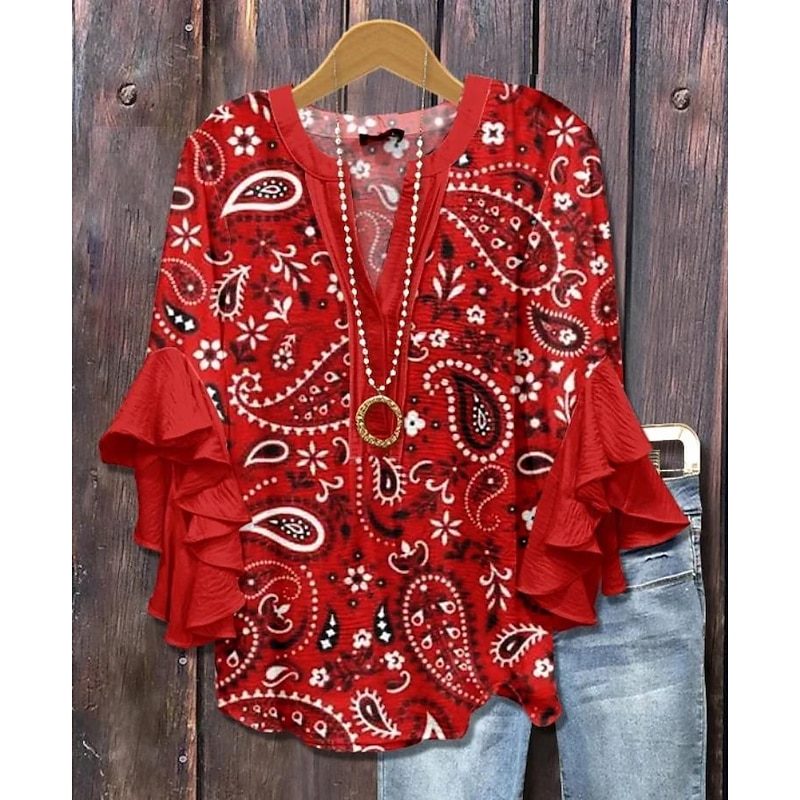 Women's Retro Blouse Layered Ruffle Sleeve Tops Vintage Floral Graphic Paisley Bohemia Vintage Daily 3/4 Length Sleeve Regular Tops Daily Holiday Vacation Wear Print White Red Blue Green