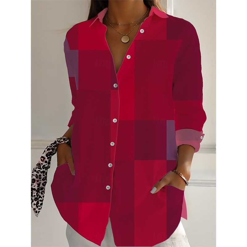 Women's Cotton Linen Shirts Plaid Daily Casual Long Sleeve Shirt Collar Regular Tops Daily Holiday Buttons Print Yellow Wine Blue Summer2