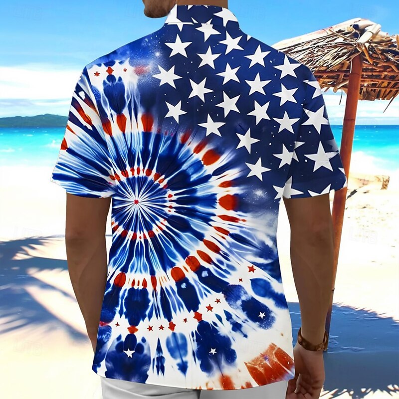 Independence Day Men's American US Flag Tie Dye Print Patriotic Shirt Summer Shirt Button Up Shirt Short Sleeve Fashion Casual Holiday Summer Spring Turndown 3D Print Collared Shirts Front One Pocket2
