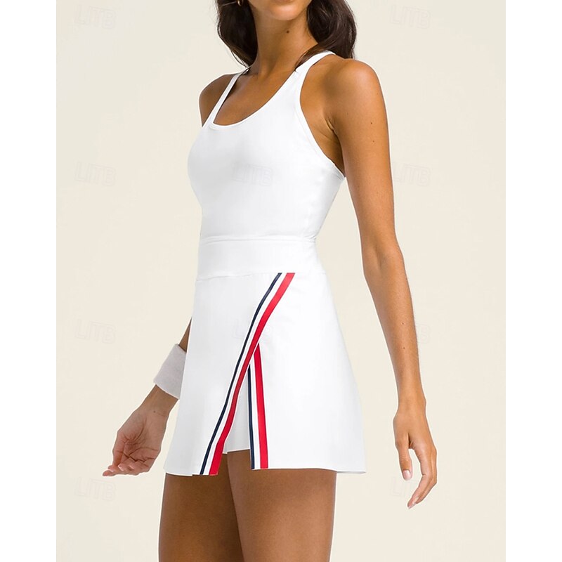 Women's Patchwork Tennis Dress Sleeveless Contrast Binding Split Breathable Tennis Pickleball Running Round Neck Dress Black White Blue Tennis Clothing4