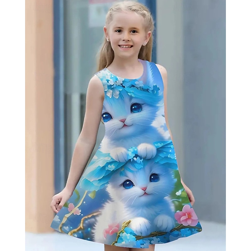 Girls' 3D Cat Dress Sleeveless Summer Spring Vacation Daily Holiday Princess Beautiful Sweet Kids 4-12 Years Casual Dress A Line Dress Knee-length Regular Fit