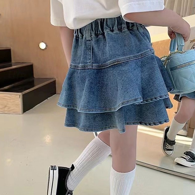 Kids Girls' Skirt Solid Color Cute Ruched School 4-12 Years Summer Blue2