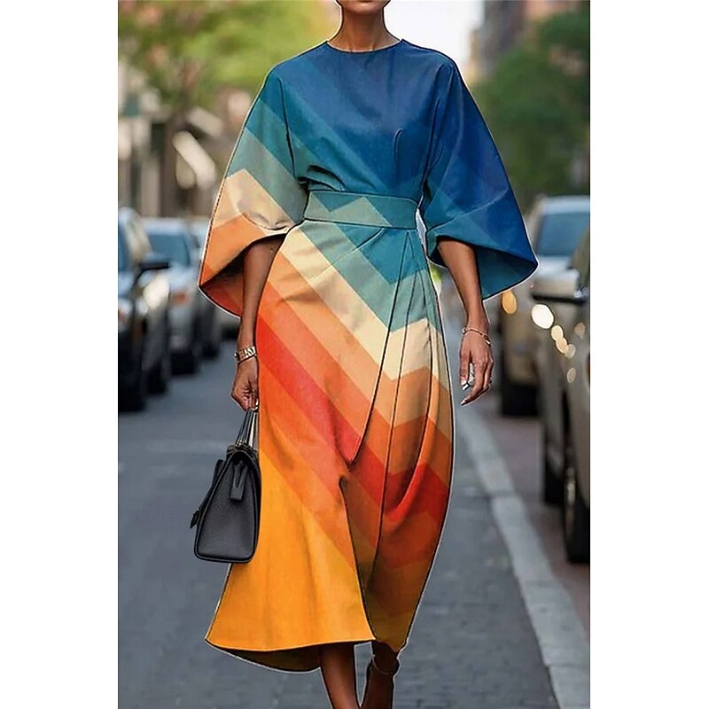 Women's Long Dress Maxi Dress Casual Dress Summer Dress Fashion Modern Daily Date Weekend Regular Fit Geometric 3/4 Length Sleeve Crew Neck Pink Blue Purple Fuchsia Summer3