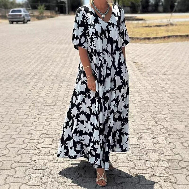 Women's Long Dress Maxi Dress Casual Dress Swing Dress Fashion Outdoor Party Holiday Regular Fit Flower Short Sleeve V Neck Black Blue Summer