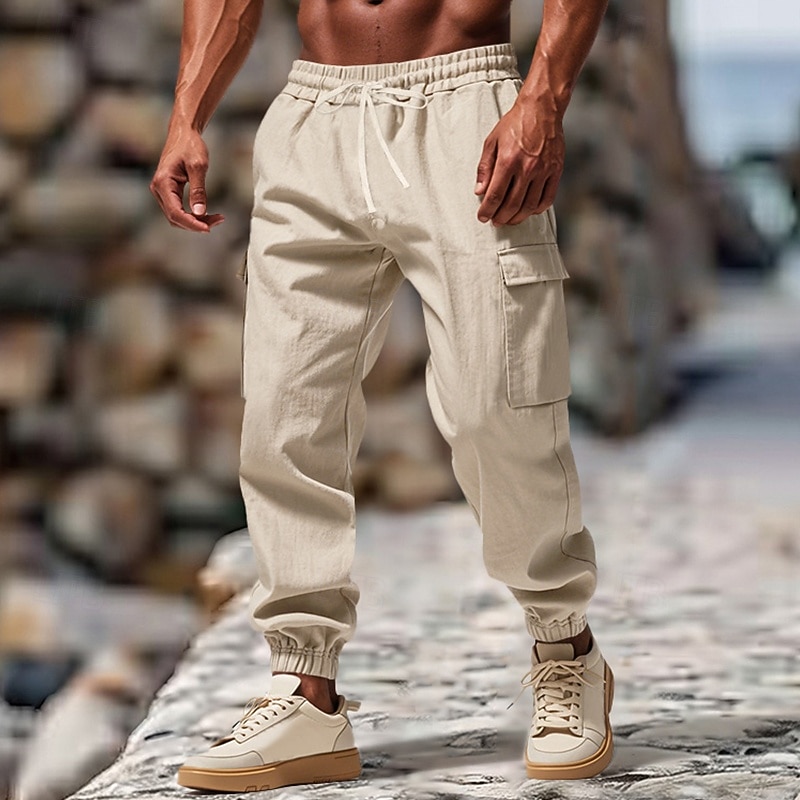 Men's Cargo Pants Linen Pants Trousers Summer Pants Casual Pants Drawstring Elastic Waist Multi Pocket Plain Comfort Breathable Full Length Casual Daily Holiday Vacation Fashion Black White