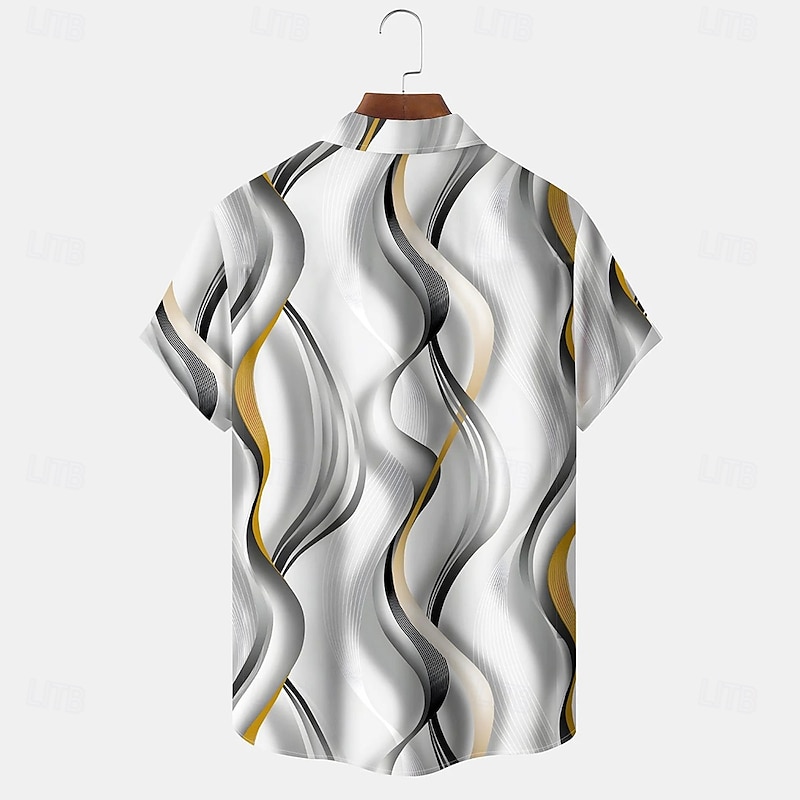 Men's Geometric Waves Abstract Shirt Summer Shirt Button Up Shirt Short Sleeve Fashion Casual Outdoor Vacation Dailywear Summer Spring Turndown 3D Print Collared Shirts Front One Pocket White2
