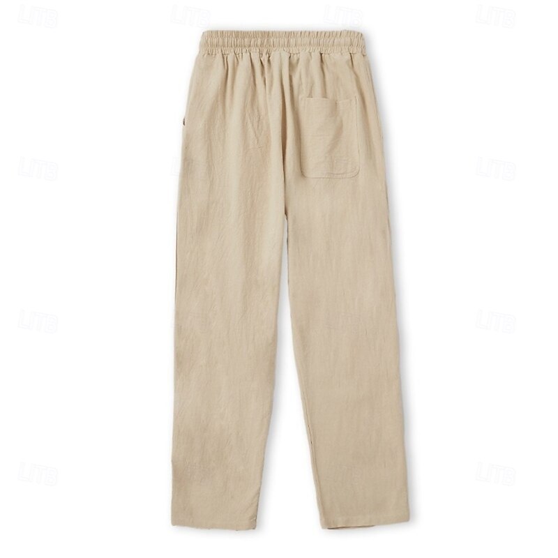 Men's Linen Pants Trousers Summer Pants Baggy Pants Beach Pants Drawstring Elastic Waist Straight Leg Plain Comfort Breathable Full Length Casual Daily Holiday Vacation Fashion Black White4