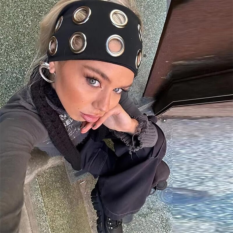 Women Hollow Out Eyelets Elastic Headband Y2k Girls Punk Grunge Wide Hairbands Stretchy Casual Hair Accessory3