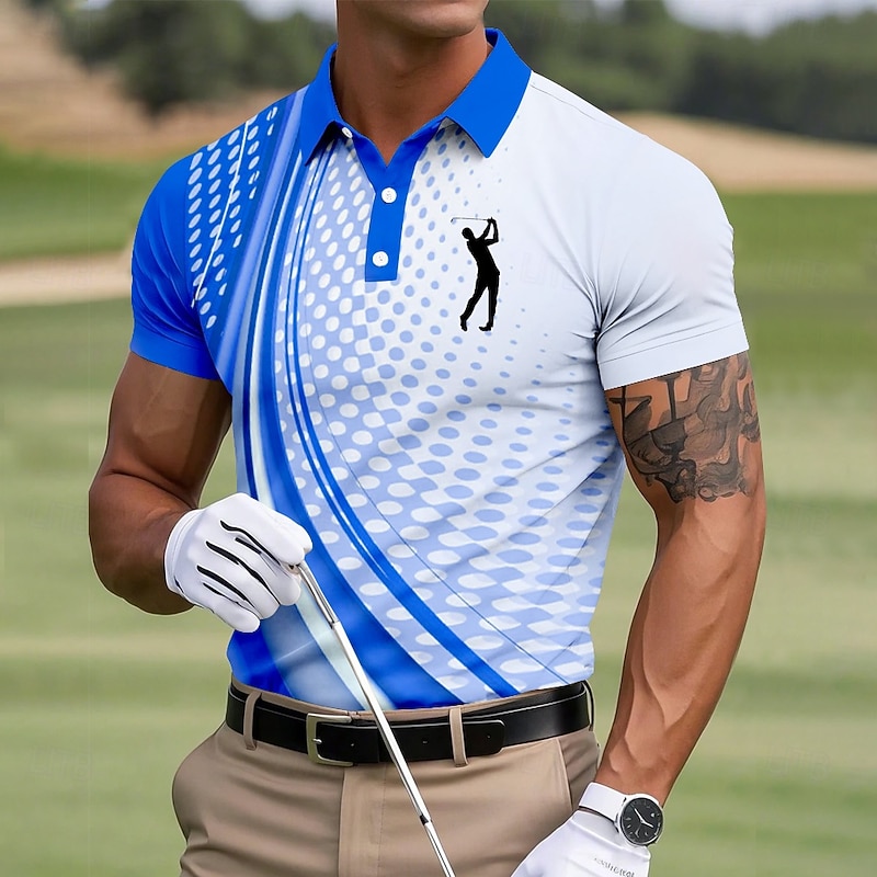 Men's Geometic Golf Polo Short Sleeve Polo Shirts Collared Shirts Sportswear Athleisure Buttons Summer Blue Sky Blue Green2