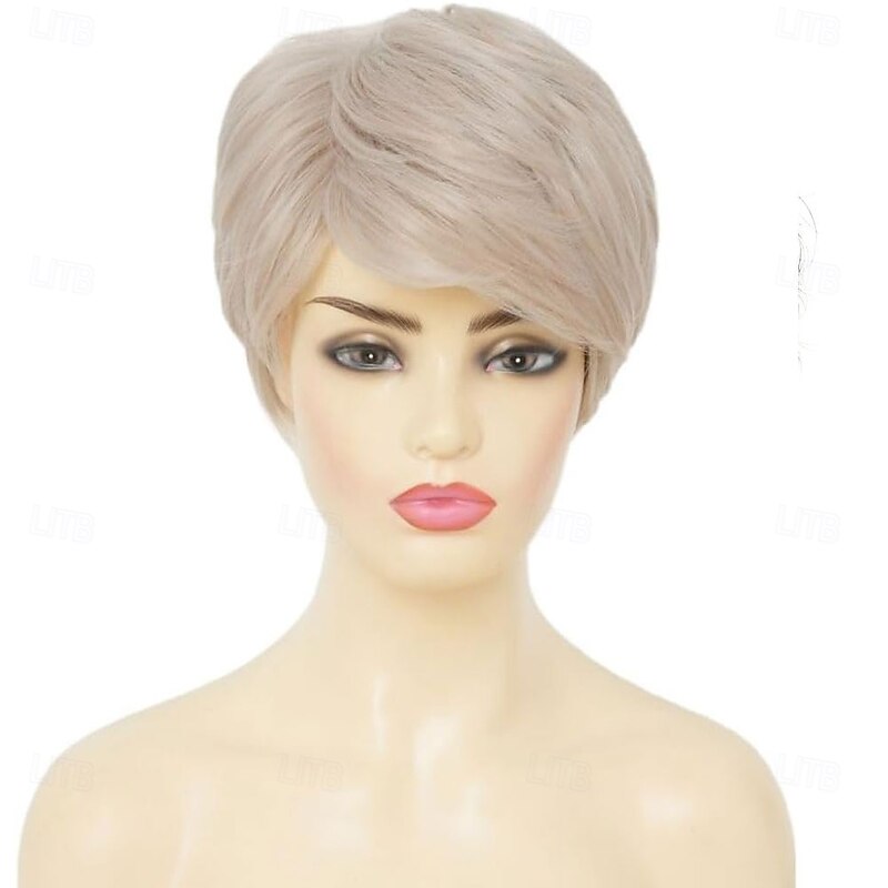 Womens Short White Blonde Pixie Cut Wig Straight Side Part Layered Hair Wig Shaggy Synthetic Fiber Old Lady Wigs for Daily Use3