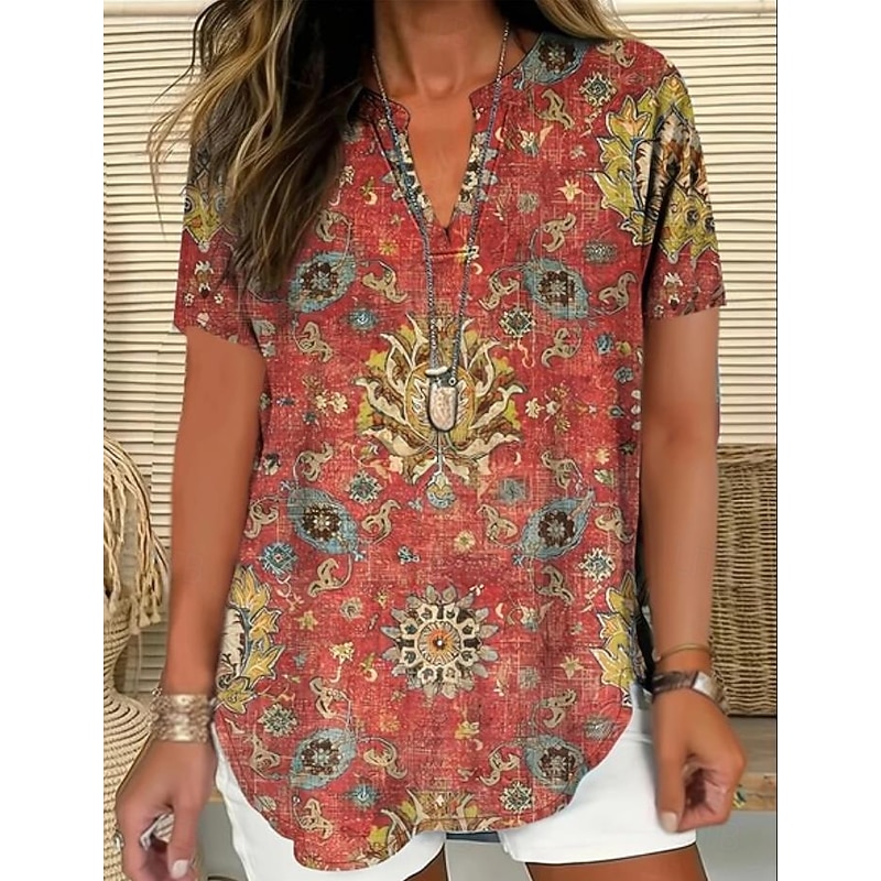 Women's Boho Shirt Graphic Paisley Elegant Bohemia Vintage Short Sleeve V Neck Regular Tops Daily Holiday Going out White Pink Red Blue Orange Summer2