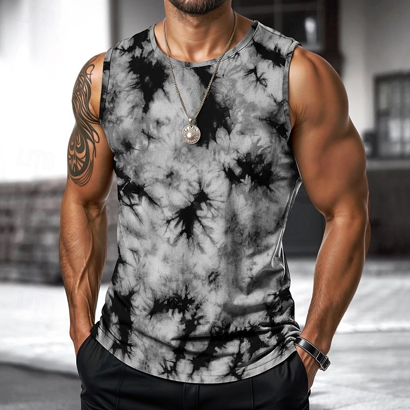 Men's Vest Top Undershirt Sleeveless Shirt Sleeveless Crewneck Spring & Summer Tie Dye Fashion Designer Vacation Street Going out Black Blue Gray Top Tee for Men
