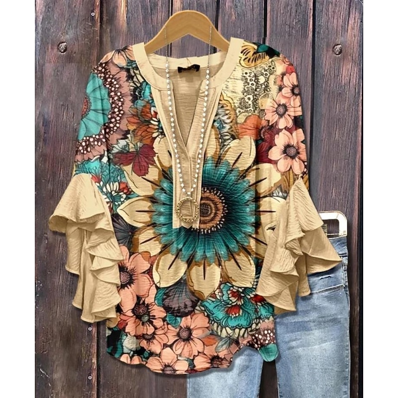 Women's Retro Blouse Layered Ruffle Sleeve Tops Vintage Floral Graphic Bohemia Vintage Daily 3/4 Length Sleeve Regular Tops Daily Holiday Vacation Wear Print Black Yellow Summer Spring
