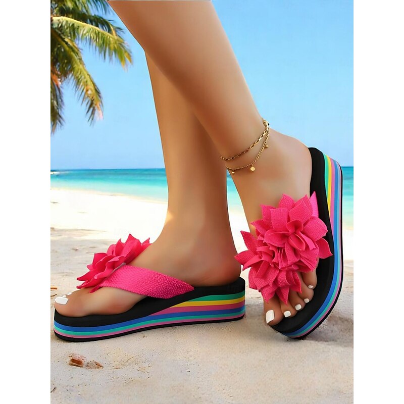 Women's Rainbow Platform Flip Flops with Large Pink Flower, Colorful Beach Sandals for Vacation, Teens and Young Adults, Summer Casual Style3