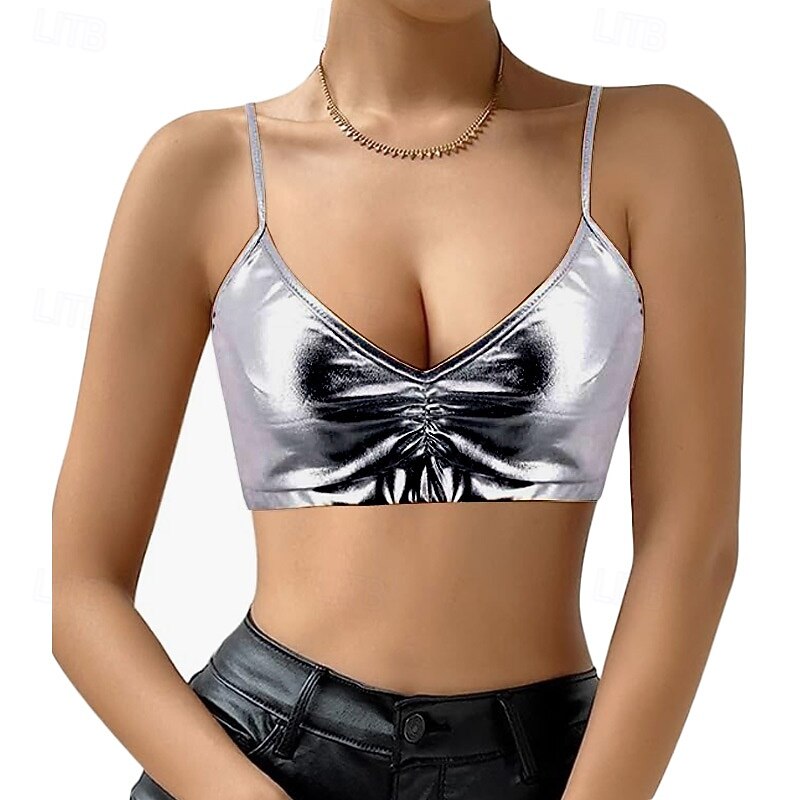 Retro Vintage 1980s Rave Crop Top Bra Disco Shiny Latex Patent Metallic Fancy Dress Women's Carnival Music Festival Pride Parade Pride Month Adults' Bra Summer4