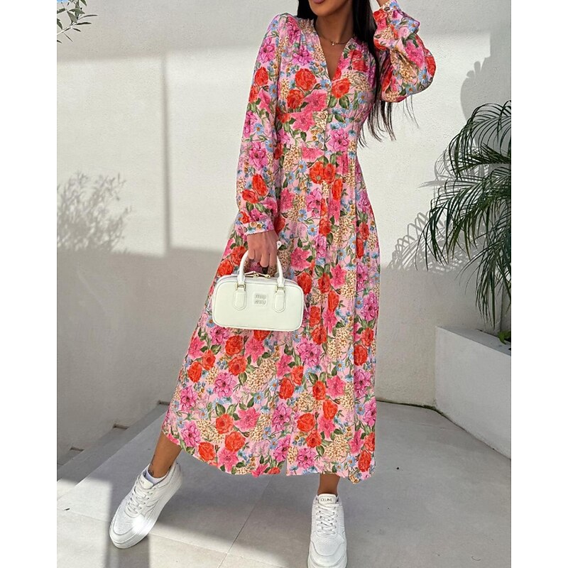Women's Midi Dress Floral Dress Print Dress Classic Modern Vacation Holiday Going out Regular Fit Flower Long Sleeve V Neck Pink Red Blue Summer2