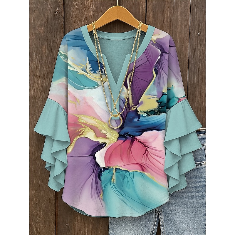 Women's Blouse V Neck Layered Ruffle Sleeve Tops Ombre Graphic Abstract Bohemia Vintage Daily 3/4 Length Sleeve Regular Tops Daily Holiday Vacation Wear Print Pink Blue Green Summer Spring Fall