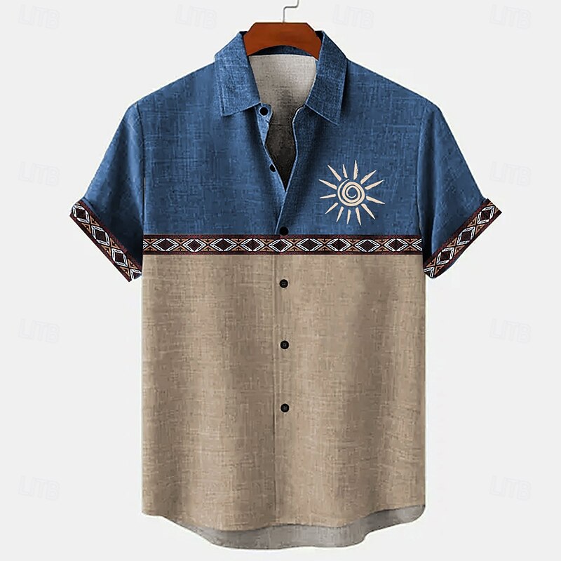Men's Geometric Sunflower Linen Shirt Summer Hawaiian Shirt Button Up Shirt Short Sleeve Hawaiian Resort Vacation Holiday Beach Wear Summer Spring Turndown Collared Shirts Black Navy Blue Blue Green3