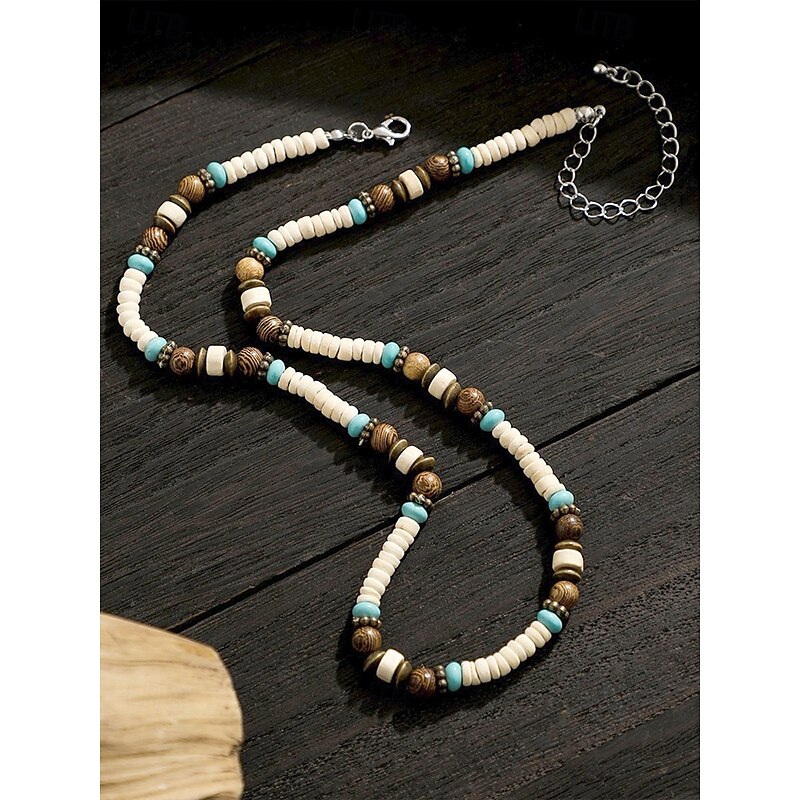 Men's Natural Beaded Necklace with Wood and Turquoise Accents – Bohemian Surf Style Jewelry for Casual Outfits, Summer Festivals and Beachwear2