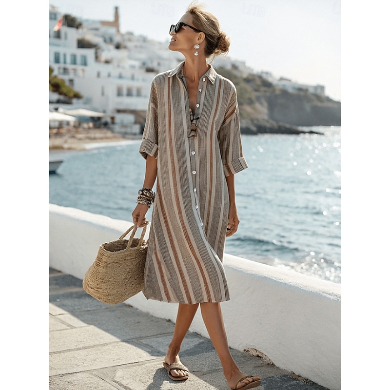 Women's Midi Dress T Shirt Dress Tee Dress Vacation Birthday Casual Outdoor Going out Beach Loose Fit Graphic Stripe Long Sleeve Turndown Khaki Summer Spring