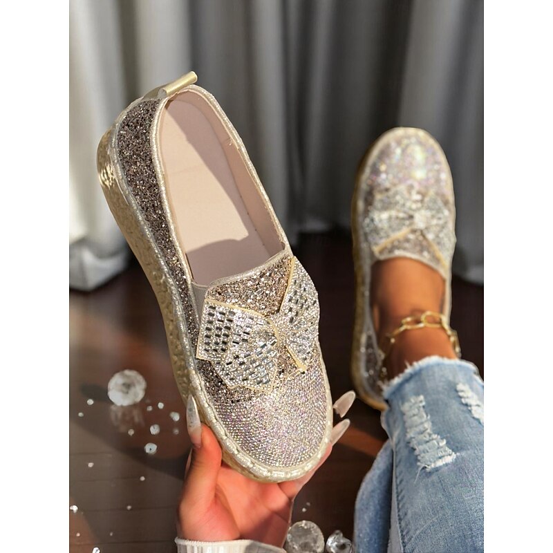 Women's Silver Glitter Platform Slip-On Shoes— Rhinestone Embellished, Cushioned Sole, Party-Ready Sparkle for Night Out, Festivals and Concerts2