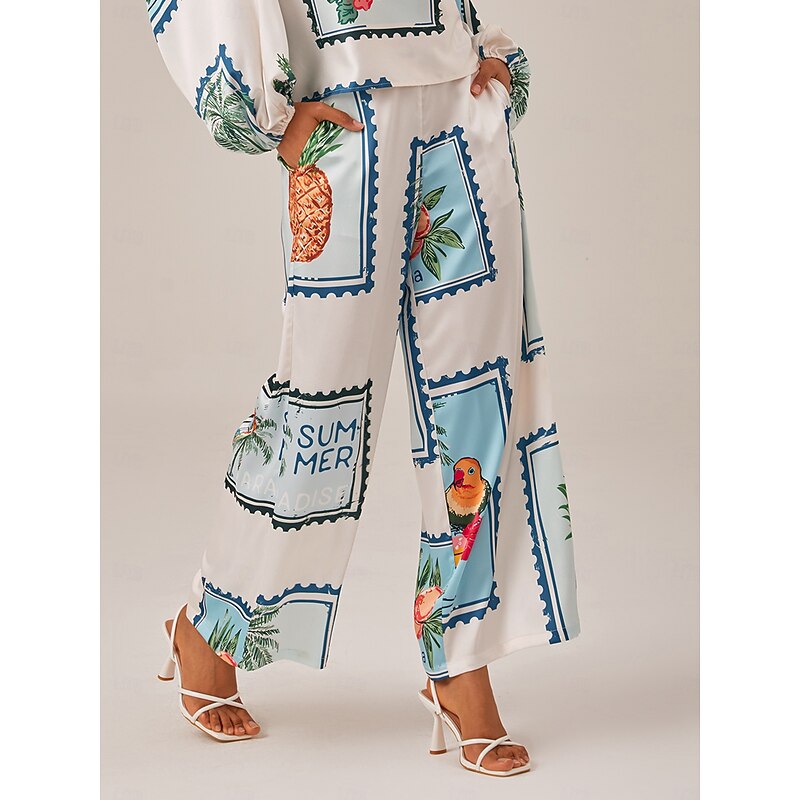 Seamless Pattern Print Elastic Waist Wide Leg Trousers