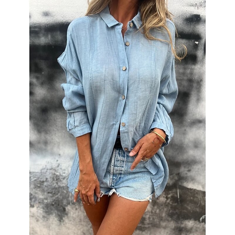 Women's Cotton Linen Shirts Solid Color Daily Modern Long Sleeve Shirt Collar Regular Tops Daily Holiday Buttons Black Champagne Light Blue Summer3
