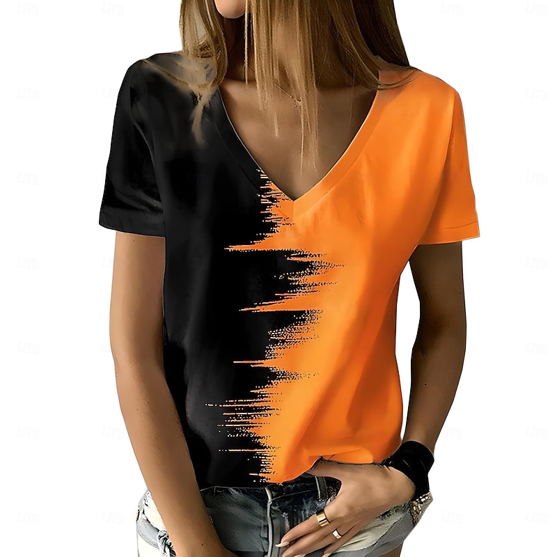 Women's T Shirt Graphic Geometric Color Gradient Vintage Stylish Modern Short Sleeve V Neck Regular Tops Daily Print White Yellow Red Blue Purple Summer Spring2
