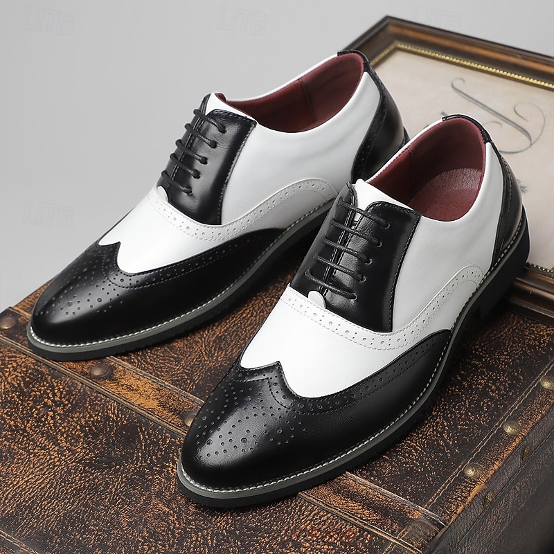 Men's Black and White Wingtip Oxford Spectator Shoes, Gatsby-Inspired Genuine Leather Brogue Dress Shoes for 1920s Jazz Party, Vintage Wedding, and Formal Evening Events3
