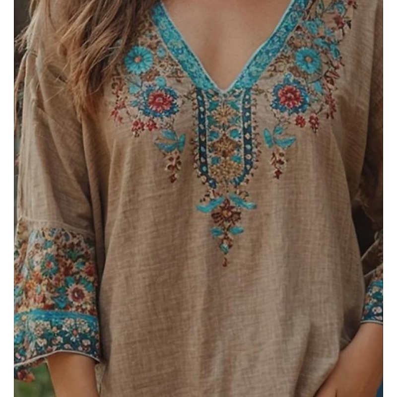 Women's Blouse Floral Graphic Paisley Bohemia Vintage Tropical 3/4 Length Sleeve V Neck Regular Tops Ruched Print Khaki Summer Spring2