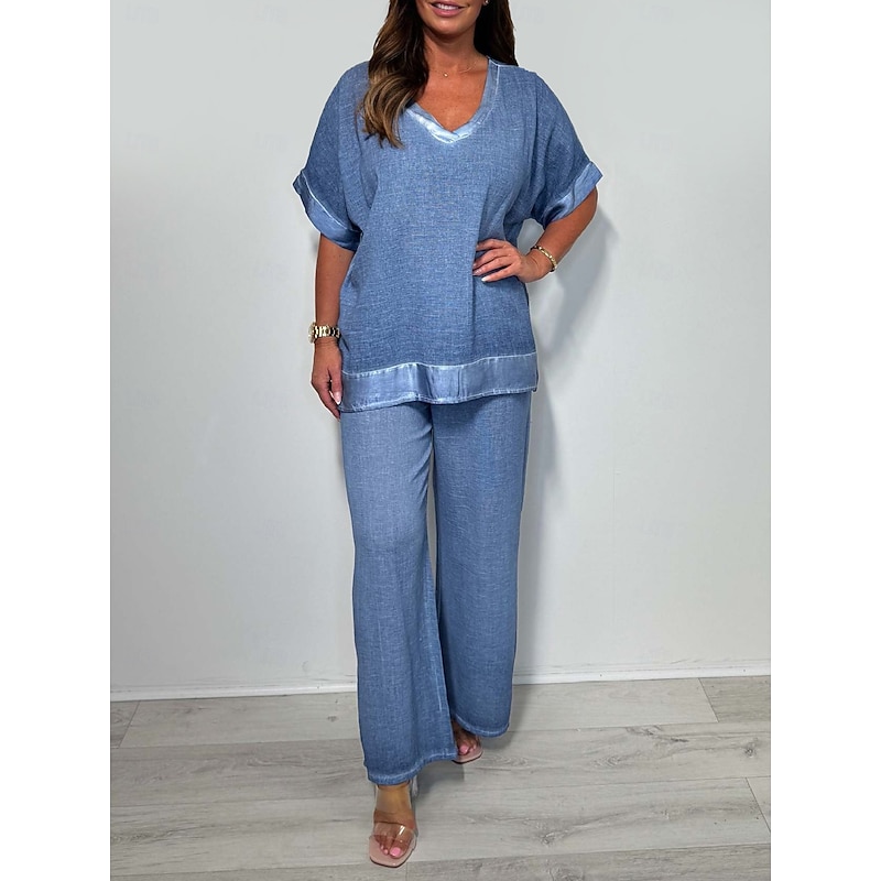 Women's Tracksuit Short Sleeve V Neck Plain Light Green Light Brown Blue Summer Regular Fit4