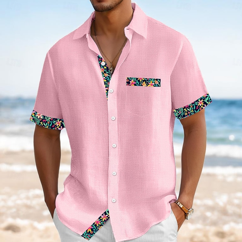 Men's Shirt Linen Shirt Summer Shirt Beach Wear Button Up Shirt Solid Color Vacation Curise Black Pink Green Light Blue Short Sleeve Collar Summer Spring & Summer Clothing Apparel Color Block