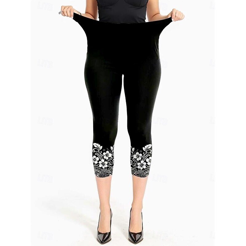 Women's Leggings Capri Pants High Elasticity Elegant Vacation Vintage Calf-Length Mid Waist Floral Graphic Printing Breathable Soft Stretchy Vacation Casual Daily Black Summer Spring Regular Fit3