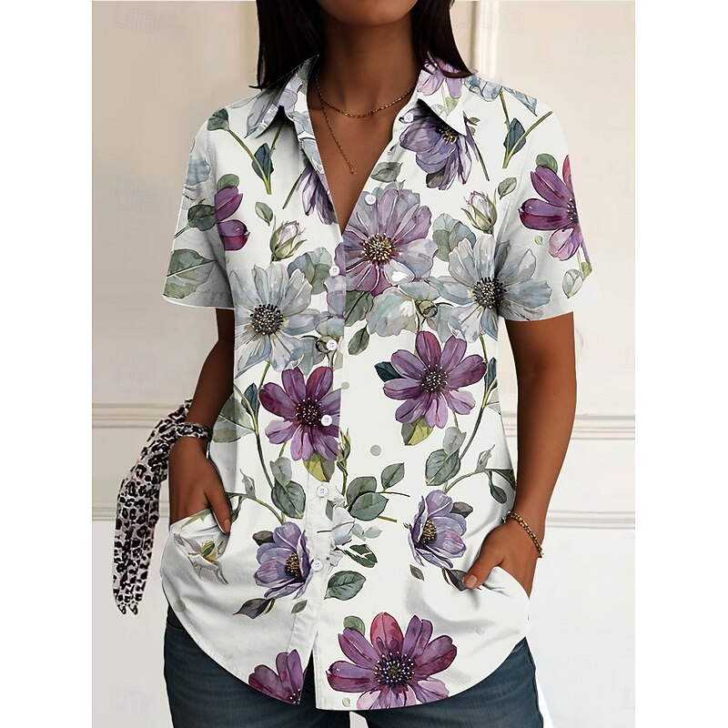 Women's Shirt Long Sleeve Button Down Blouse Floral Graphic Vintage Daily Stylish Short Sleeve Shirt Collar Regular Tops Daily Black White Yellow Red Blue Summer Spring4