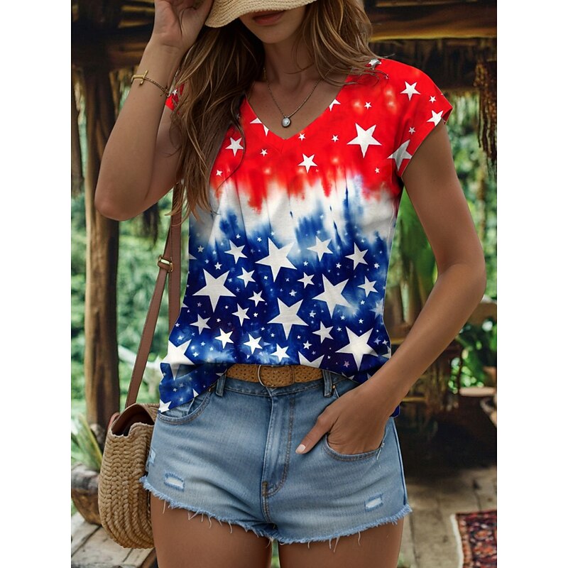 Women's Patriotic  Camisole Tank Top Graphic Flag Vintage Stylish Classic Sleeveless Red White And Blue Short Sleeve V Neck Regular Tops Daily Print Red Summer Spring4