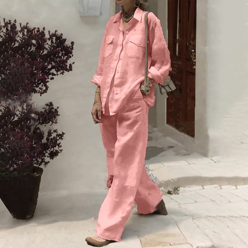 Women's Active Shirt Cotton Linen Shirts Blouse Long Sleeve Shirt Collar Solid Color Dubbele Rij Knopen Vacation Date White Pink Wine Summer Regular Fit3