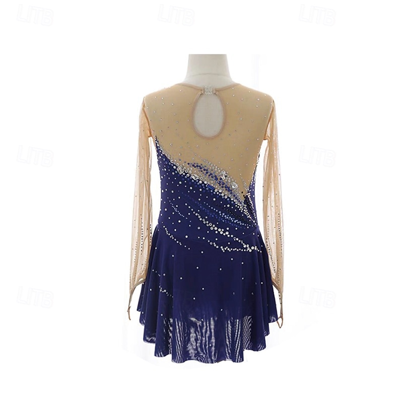 Figure Skating Dress Women's Girls' Ice Skating Dress Dark Blue Patchwork Thumbhole Mesh Spandex Stretchy Training Practice Professional Skating Wear Thermal Warm Crystal / Rhinestone Long Sleeve Ice2