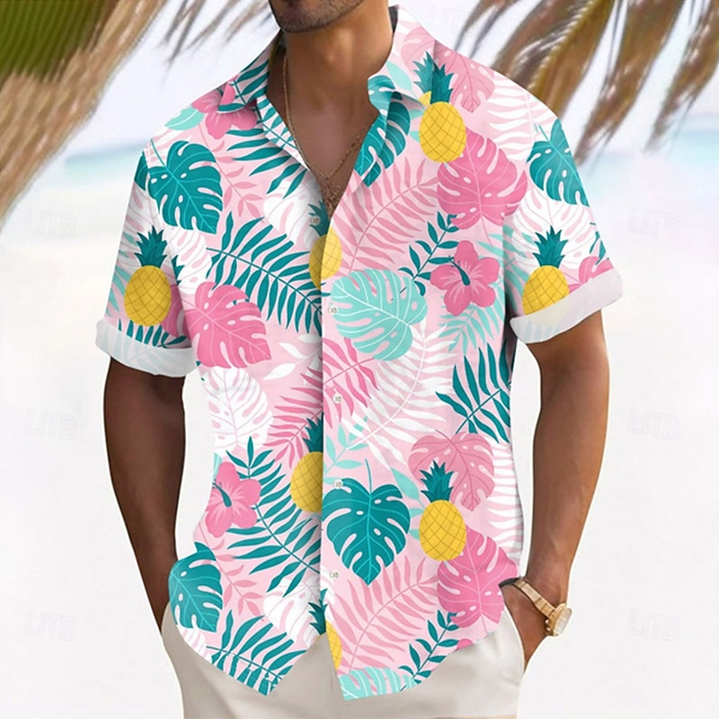 Men's Palm Leaf Tropical Plants Summer Hawaiian Shirt Button Up Shirt Aloha Shirt Short Sleeve Hawaiian Vacation Holiday Beach Wear Summer Spring Turndown 3D Print Collared Shirts Pink Blue3