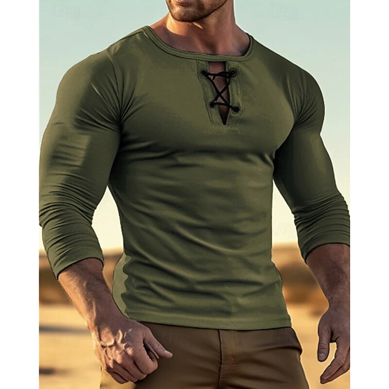 Men's T Shirt Tee Tee Top Long Sleeve Shirt Long Sleeve Crew Neck Summer Spring Plain Fashion Designer Basic Lace up Vacation Street Going out Black Yellow Green Top Tee for Men4