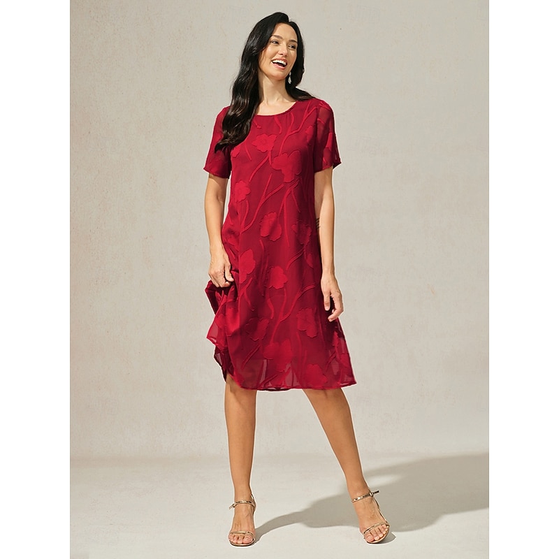 Women's Knee Length Dress Chiffon Dress Elegant Casual Loose Fit Floral Short Sleeve Crew Neck Red Summer