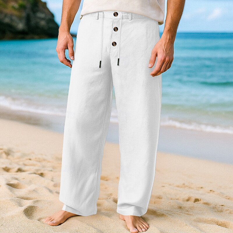 Men's Linen Pants Trousers Summer Pants Baggy Pants Gauze Pants Drawstring Elastic Waist Straight Leg Plain Comfort Breathable Knee Length Outdoor Daily Holiday Vacation Fashion Black White2