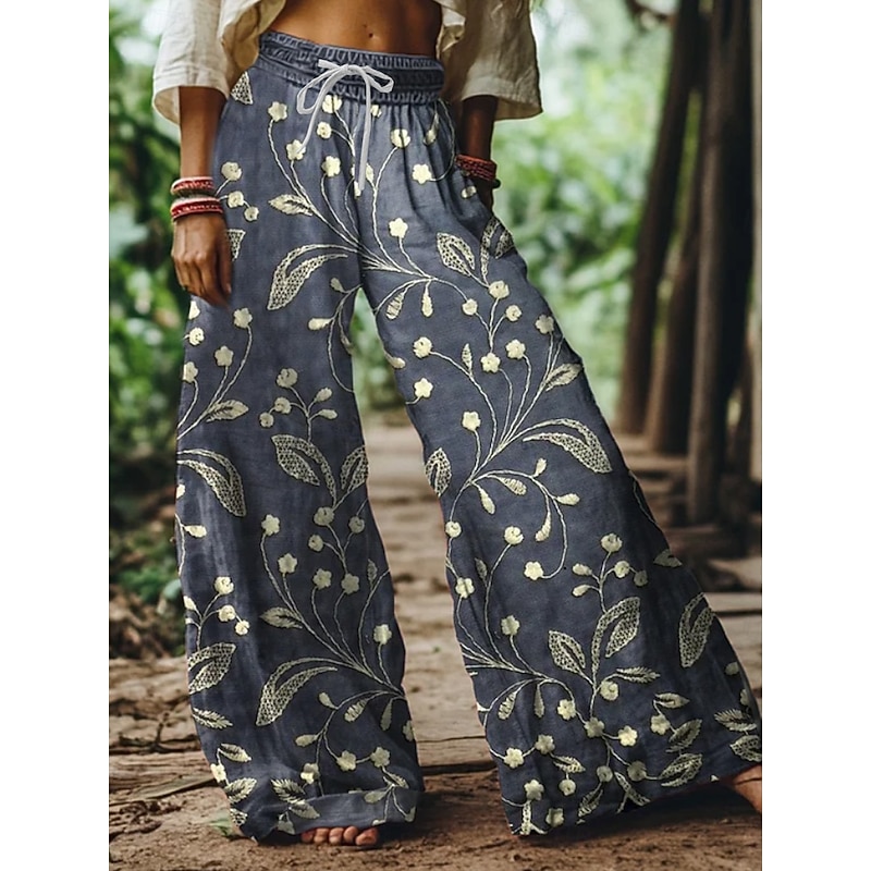 Women's Wide Leg Chinos Baggy Pants Vacation Vintage Ethnic Style Full Length High Waist Floral Graphic Printing Thermal Warm Soft Breathable Micro-elastic Vacation Street Causal claret Deep Green3