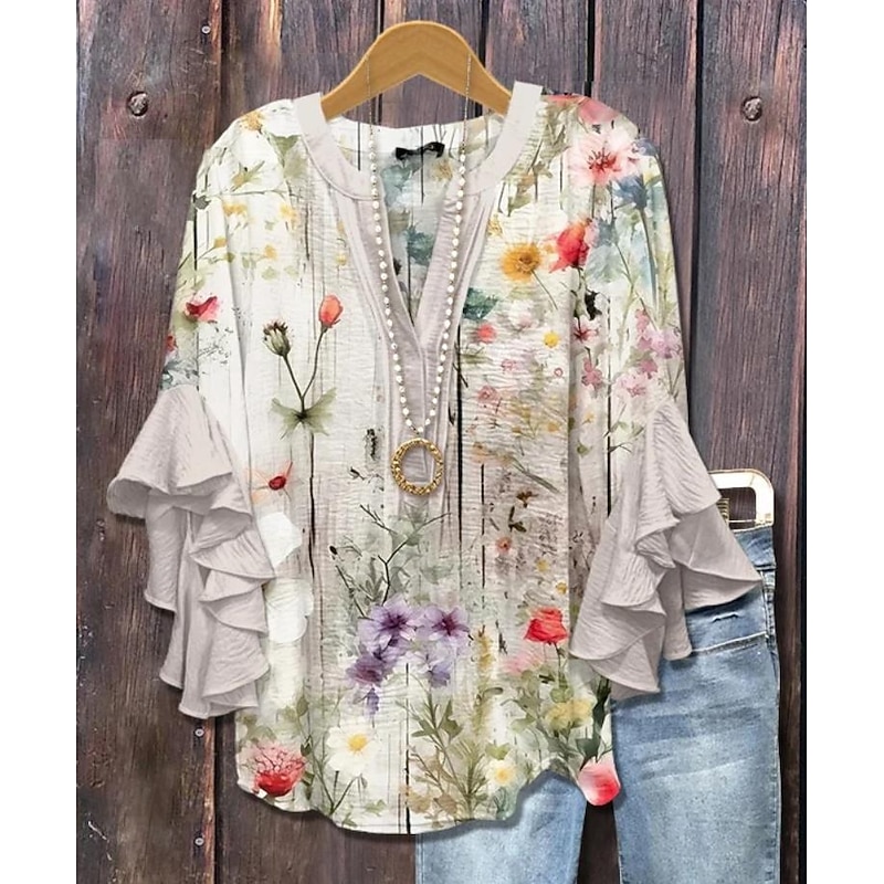 Women's Blouse V Neck Floral Graphic Paisley Bohemia Vintage Daily Long Sleeve 3/4 Length Sleeve Flutter Sleeve Regular Tops Daily Holiday Vacation Wear Ruffle Print Pink Blue Beige Gray Summer3