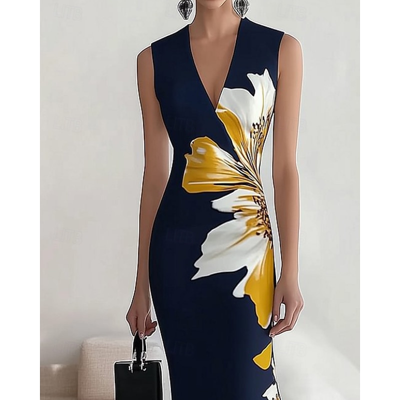 Women's Midi Dress Floral Dress Print Dress Elegant Fashion Outdoor Vacation Holiday Regular Fit Flower Sleeveless V Neck Navy Blue Summer2