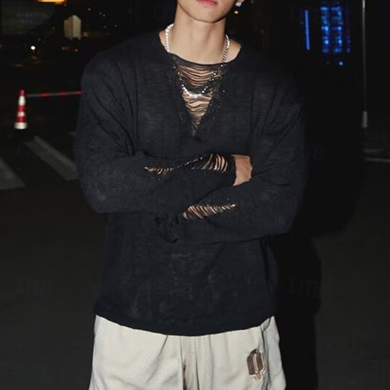 Men's T Shirt Tee Tee Top Long Sleeve Shirt Long Sleeve Crew Neck Summer Spring Plain Fashion Designer Basic Hole Vacation Street Going out Black White Top Tee for Men4