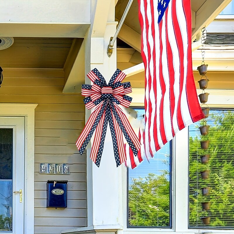 2 Pack Patriotic Burlap Bow Hanging Decoration for Independence Day 4th of July, USA Flag Stars, Red White Blue Rustic Party Decor3